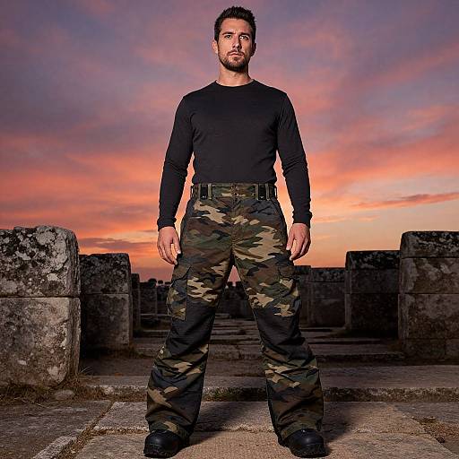 Man in Camo Pants at Sunset Ruins