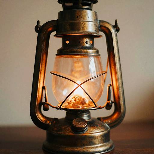 Photograph of a vintage, brass kerosene lantern with an orange glowing wick, metal frame, and clear glass, set against a plain white