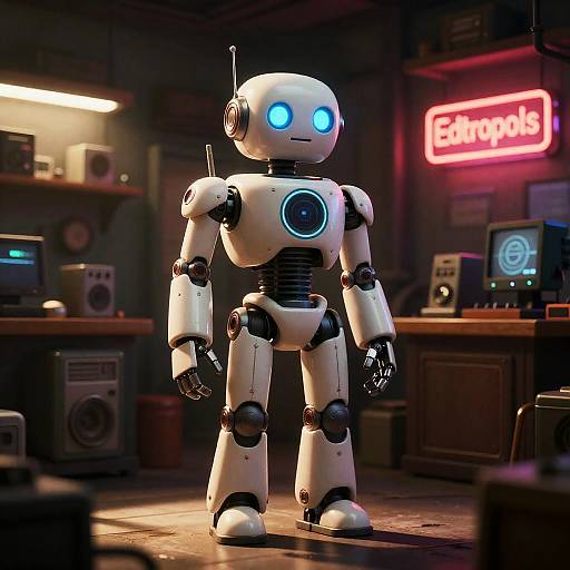 Cyberpunk Robot Mechanic in Antique Shop