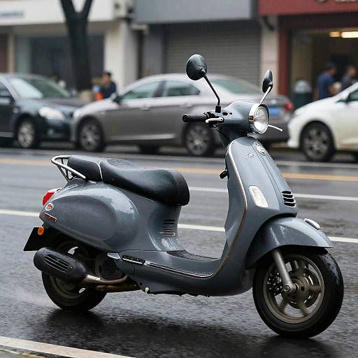 Photograph of a sleek, gray Vespa scooter on a wet city street, with blurred cars and buildings in the background.