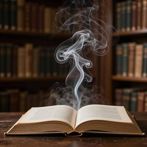 Photograph of an open book with swirling blue smoke rising from its pages, set against a blurred background of dark wooden bookshelves.