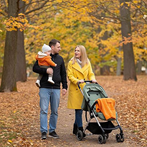 Photograph of a blonde woman in a yellow coat, black-clad man, and child in orange, walking an autumn park path with a stroller
