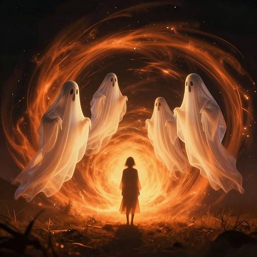 Ethereal Ghosts Above Solitary Figure