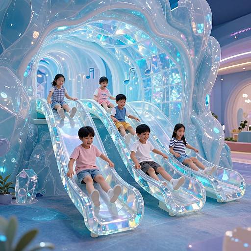 Photograph of five Asian children sliding on glowing, translucent, wave-shaped water slides in a futuristic, blue-lit indoor playground.