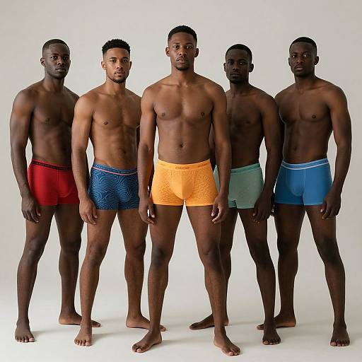 Photograph of five muscular, dark-skinned Black men standing in a row, wearing colorful boxer briefs (red, blue, orange, teal,