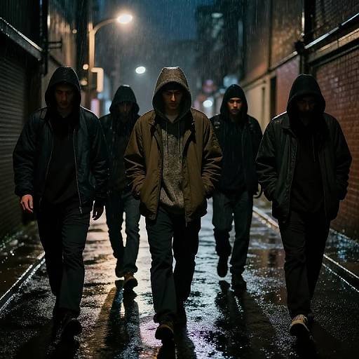 Photograph of four men in dark hoodies and jackets walking on a rain-soaked, illuminated urban alley at night.