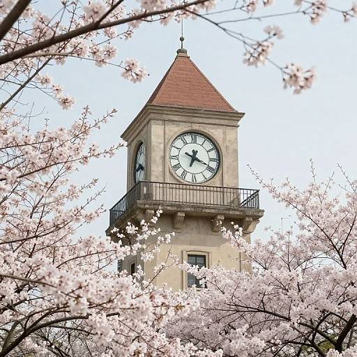 Photograph of a beige clock tower with a red-roofed dome, surrounded by blooming pink cherry blossom trees against a clear blue sky.