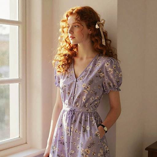 Photograph of a red-haired woman with curly hair, wearing a lavender floral dress, standing by a sunlit window, hands in pockets.