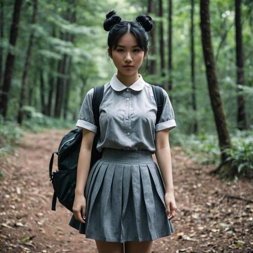 Young Asian Woman in Grey School Uniform Standing in Forest