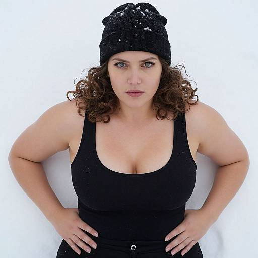 Photograph of a curvy, fair-skinned woman with curly brown hair, wearing a black tank top and beanie, standing against a white background