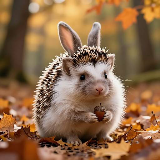 Photograph of a cute, white and brown hedgehog bunny holding a small acorn in an autumn forest with orange leaves.