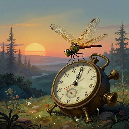 Digital artwork: A detailed dragonfly with translucent wings perches on a vintage brass alarm clock, set against a colorful sunset over a forested landscape with