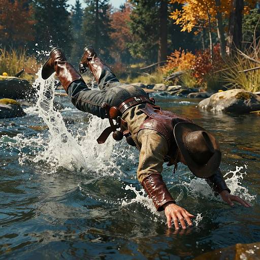 Photograph of a man in outdoor gear, brown leather vest, and boots, diving headfirst into a clear, splashing creek in a forest with