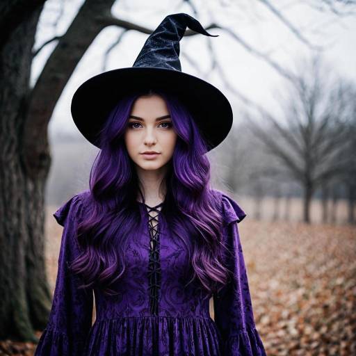 Young Woman in Purple Witch Costume Outdoors