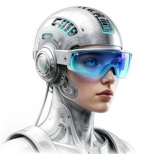 Cybernetic portrait of a woman with a silver robotic head, blue visor, and intricate mechanical details, against a white background.