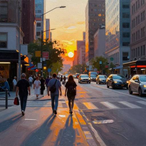 Photograph of a bustling urban street at sunset, with people walking, cars driving, and the sun glowing orange between tall buildings.