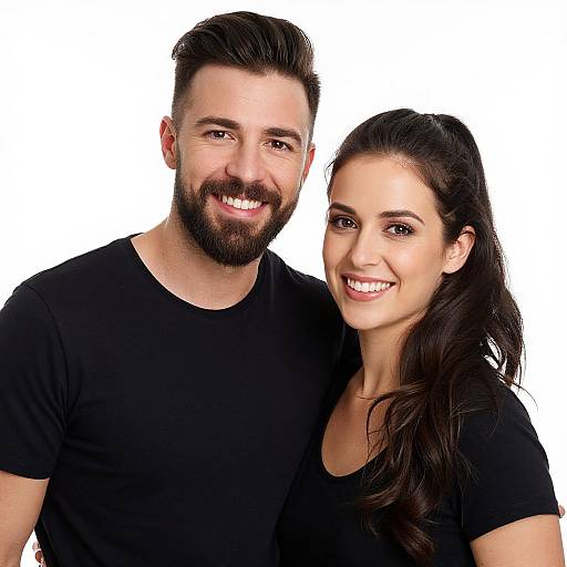 Photograph of a smiling, bearded man and a woman with long dark hair, both wearing black t-shirts, against a white background.