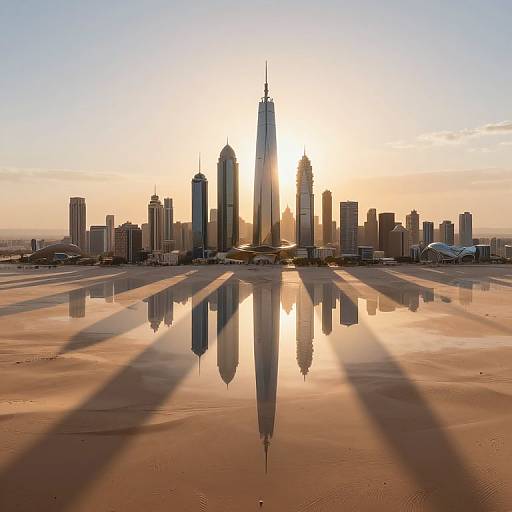 Photograph of a city skyline at sunset, with the tallest building centered, reflecting on a wet, sandy surface, casting long shadows.
