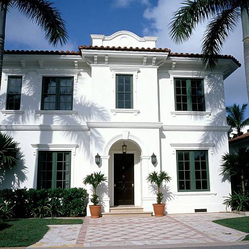 Photograph of a bright white, two-story colonial-style house with black windows, arched doorway, and terracotta roof, flanked by palm