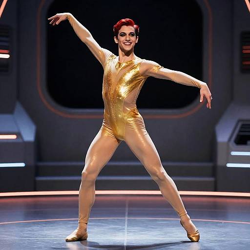 Overhead Full-Body Red-Haired Futuristic Ballet Dancer