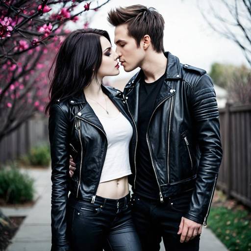 Couple in Black Leather Jackets About to Kiss