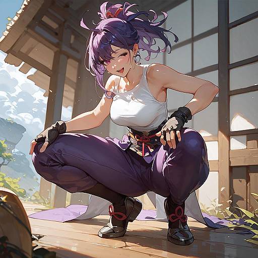 Anime Squatting Samurai with Purple Pants