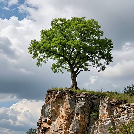 Photograph of a lone, lush green tree standing atop a rocky cliff against a dramatic, cloudy blue sky.