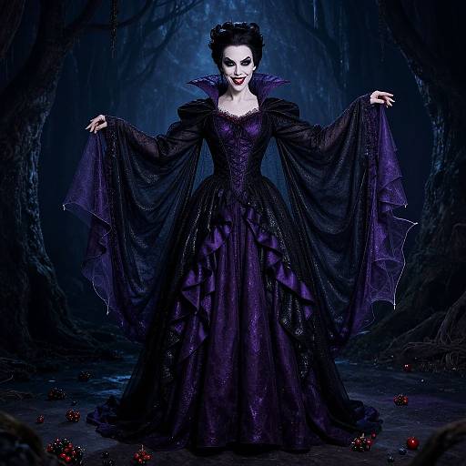 Gothic vampire woman in a dark purple, lace gown with wide sleeves, standing in a mysterious, blue-lit forest, arms outstretched