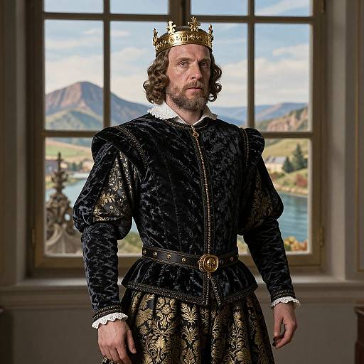 Photograph of a bearded man in a black, gold-embroidered Renaissance-style gown, wearing a gold crown, standing in a sunlit