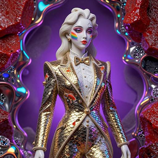 Glamorous digital doll with platinum blonde hair, wearing a shimmering gold sequin suit, rainbow face paint, and a gold bow tie, set