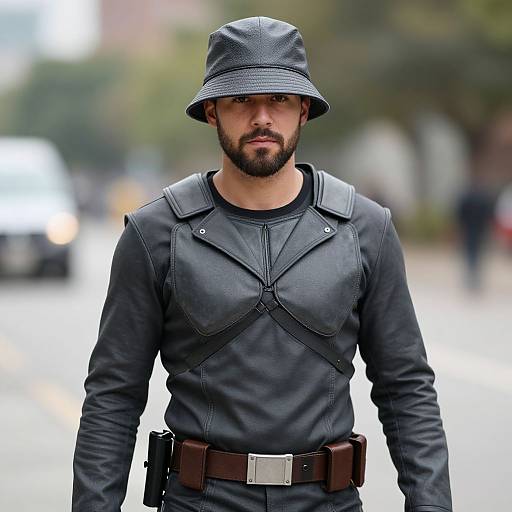 Photograph of a bearded man with a stern expression, wearing a black leather bucket hat and matching leather vest, standing on an urban street. Bl