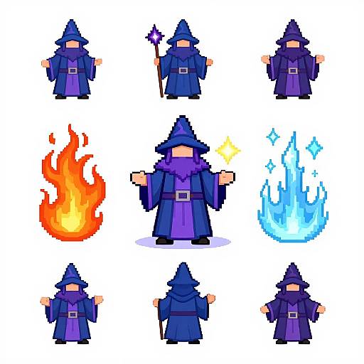 Pixel art of nine identical wizards in blue robes, some holding fire, a star, a flame, or water. White background.