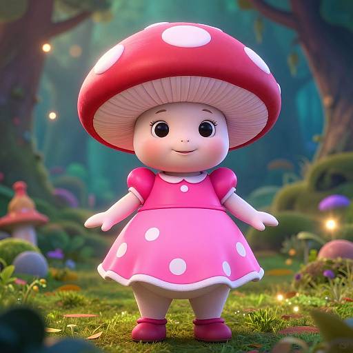 CGI image of a cute, chubby girl with a red polka-dot mushroom hat, pink dress, and red shoes in a whimsical forest.