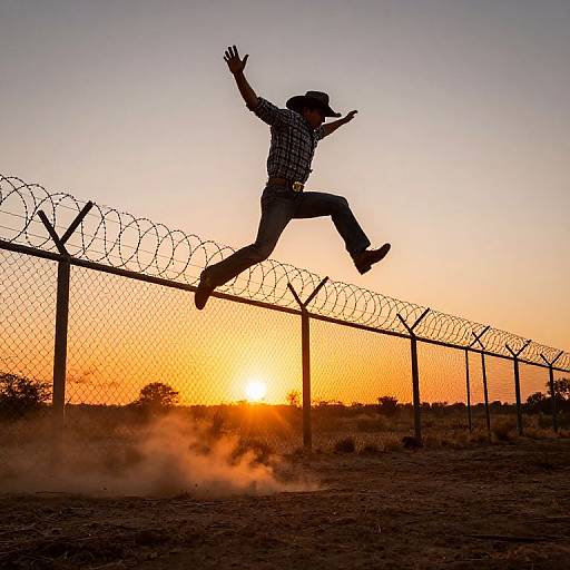 Silhouetted man jumping over barbed wire fence at sunset, wearing checkered shirt, jeans, and hat, with dust cloud below. Photograph