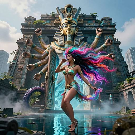 Digital artwork: Vibrant, multicolored-haired dancer in turquoise bikini and gold jewelry poses before a towering, multi-armed, ancient temple with a