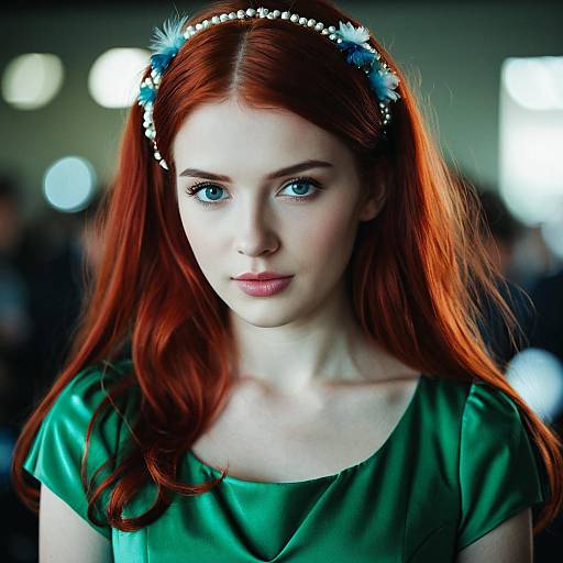 Portrait of young woman with red hair in green dress