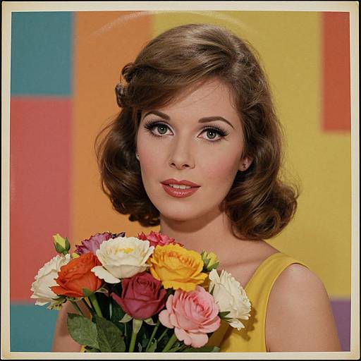 Vintage-style photograph of a fair-skinned woman with curly brown hair, wearing a yellow dress, holding a vibrant bouquet of red, yellow, pink,