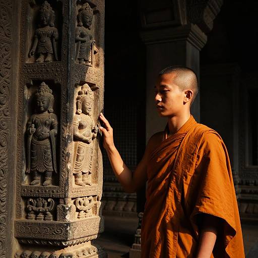 Serene Young Monk in Ancient Temple