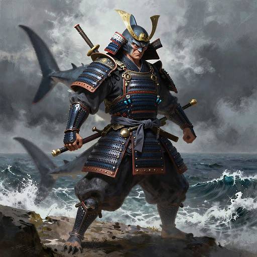 Digital artwork of a muscular Japanese samurai in blue armor, with fish leaping behind him, standing on a rocky shore with stormy waves.