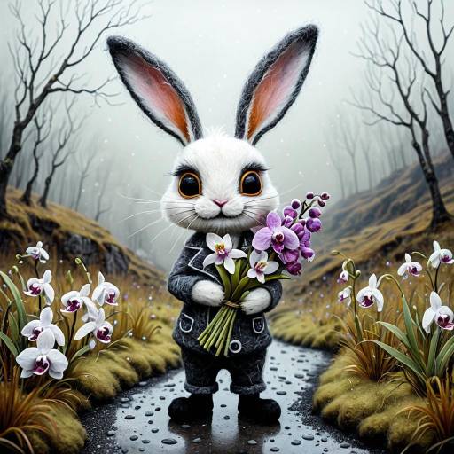 Cartoon Rabbit Holding Wild Orchid Bouquet