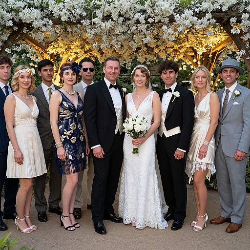 Photograph of a wedding party: bride in white lace dress, groom in black tux, six attendants in varied formal attire, floral backdrop.