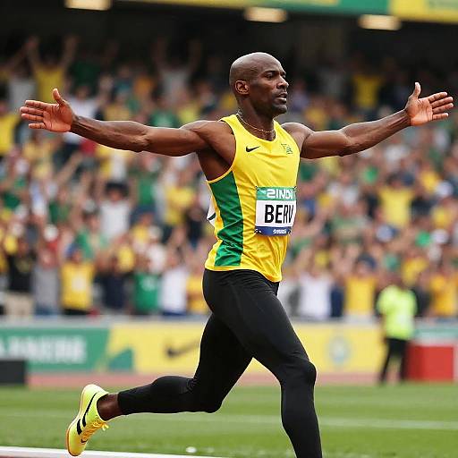 Victorious Male Sprinter Celebrating in Stadium