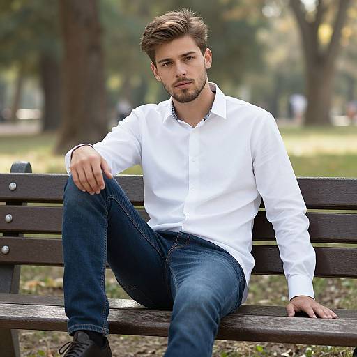 Photograph of a handsome, bearded man with brown hair, wearing a white shirt and blue jeans, sitting on a wooden bench in a park.