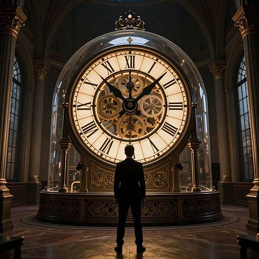 Photograph of a silhouetted man facing a massive, illuminated clock with intricate gears and Roman numerals in a grand, dimly lit hall