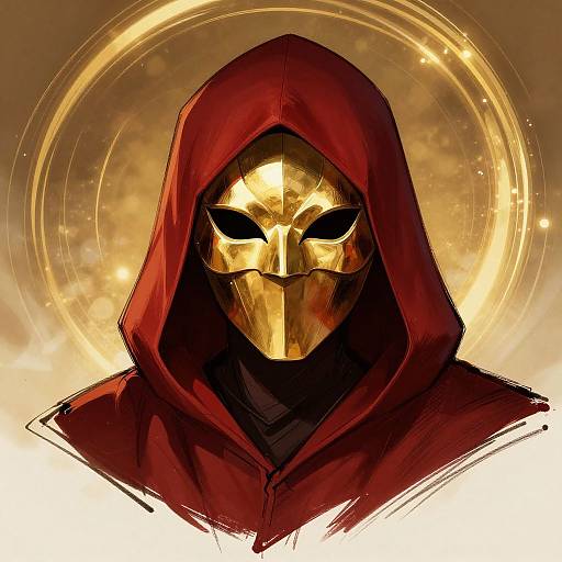 Digital artwork of a mysterious figure in a red hooded cloak with a golden, mask-like face, set against a glowing, halo-like background.