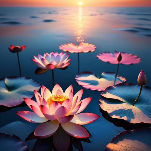 Serene Ocean Sunset with Lotus Blossoms Serene Ocean Sunset with Lotus Blossoms