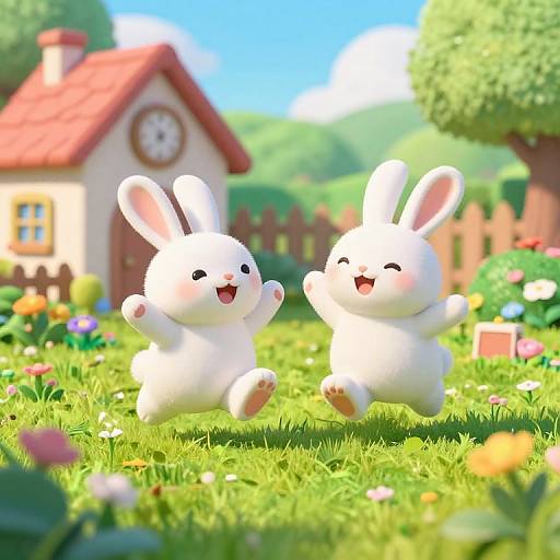 CGI image of two joyful, white, cartoon bunnies jumping in a colorful, sunny garden with a red-roofed house and picket