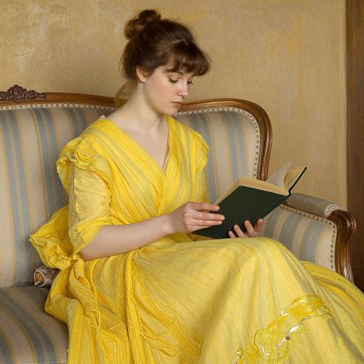 Photograph of a fair-skinned woman with brown hair in an updo, wearing a vibrant yellow Victorian dress, reading a book on a striped,