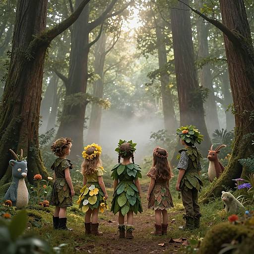Photograph: Fantasy forest scene with five children in leafy, flower-adorned outfits, standing before towering trees, surrounded by mushrooms and a plush