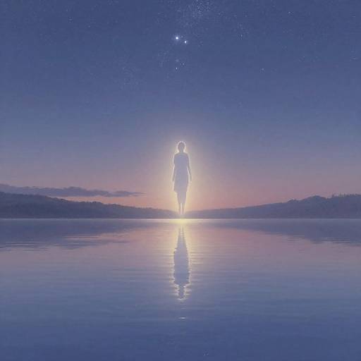 Digital artwork of a glowing silhouette of a figure standing on a reflective, glassy lake at twilight, with a starry night sky and distant treeline